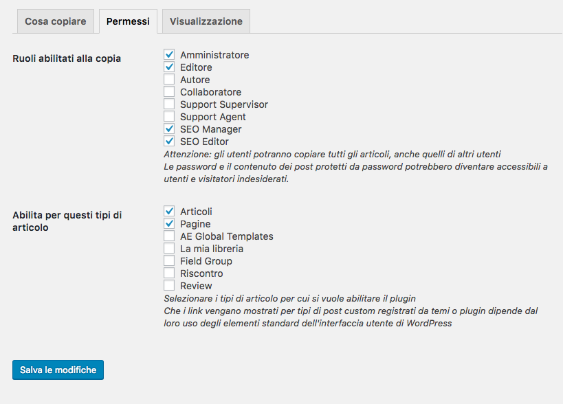 Duplicare una pagina - Impostazioni: Permessi