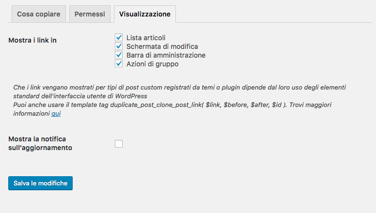 Duplicare una pagina - Impostazioni: Visualizzazione
